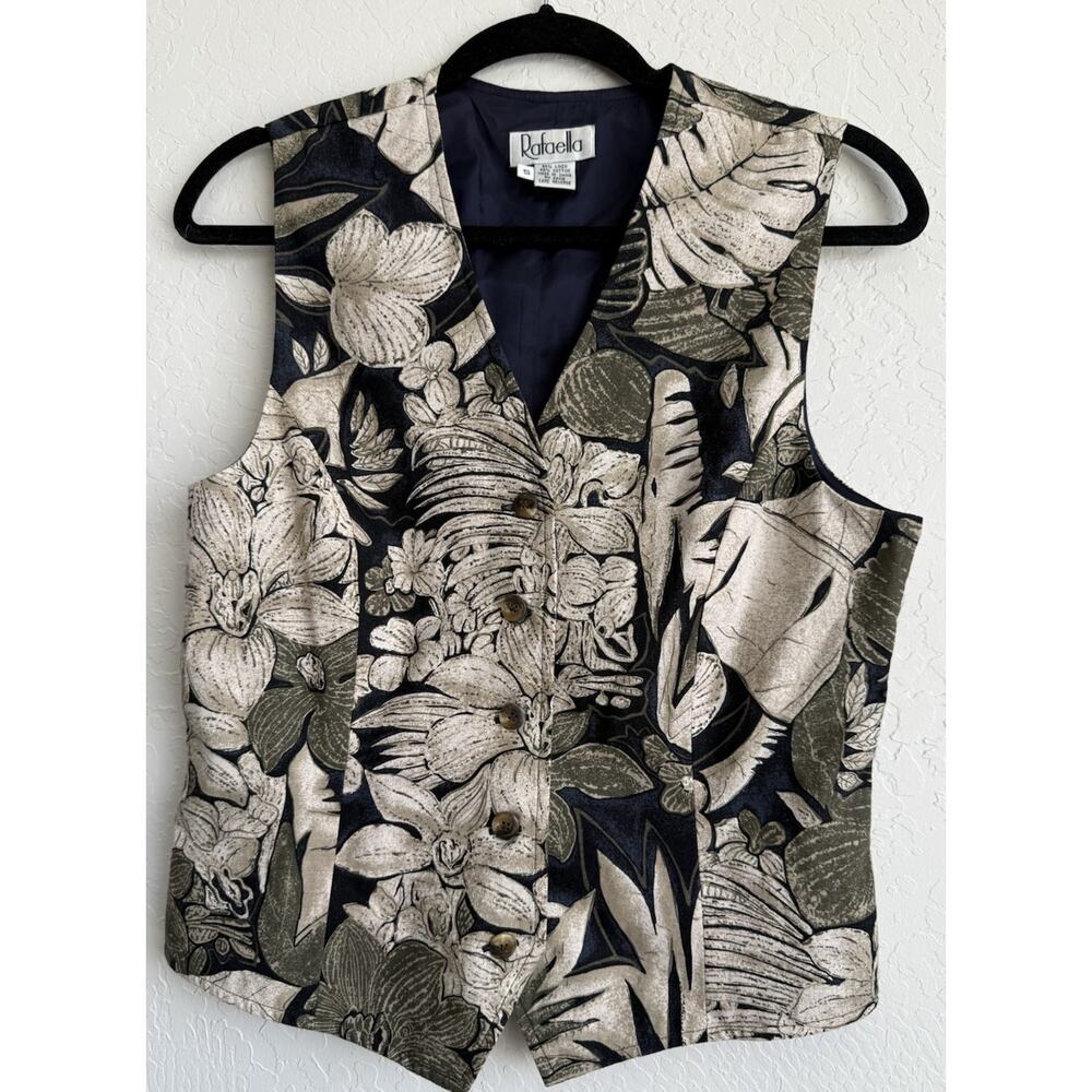 Vintage Rafaella Linen Floral Vest Women’s Small Button Front 90s Neutral